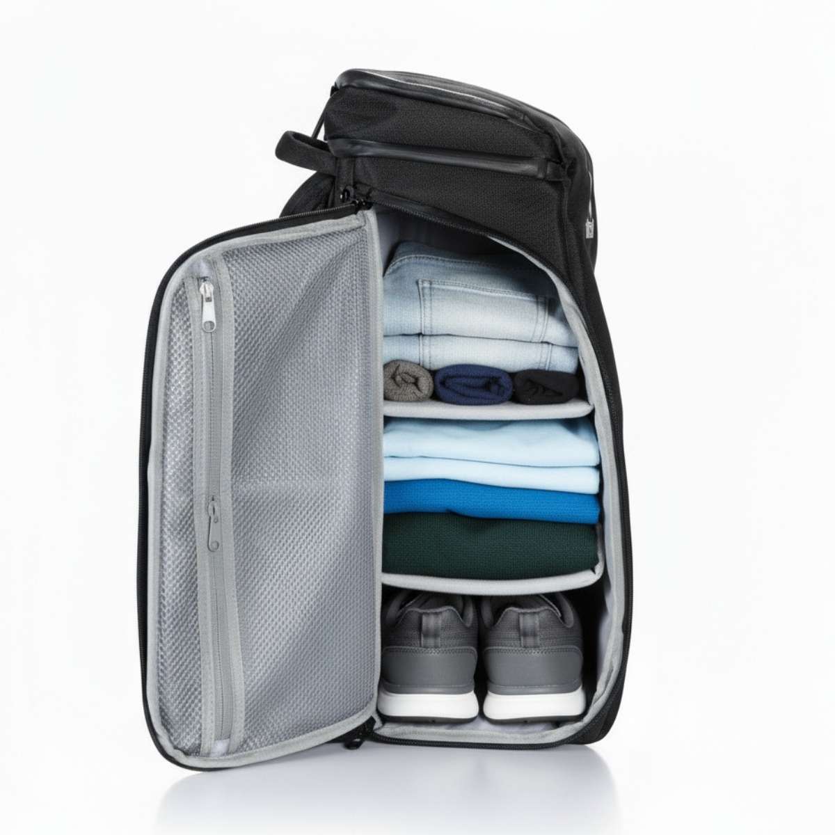 Black backpack viewed from the side with the zipper open, packed with clothing and accessories.
