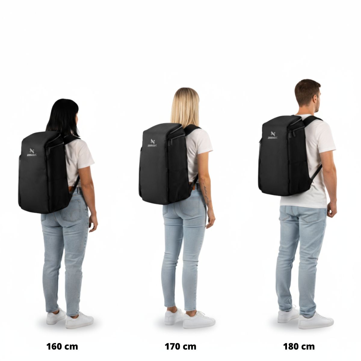 Size guide showing the backpack on people who are 160, 170, and 180 cm tall.